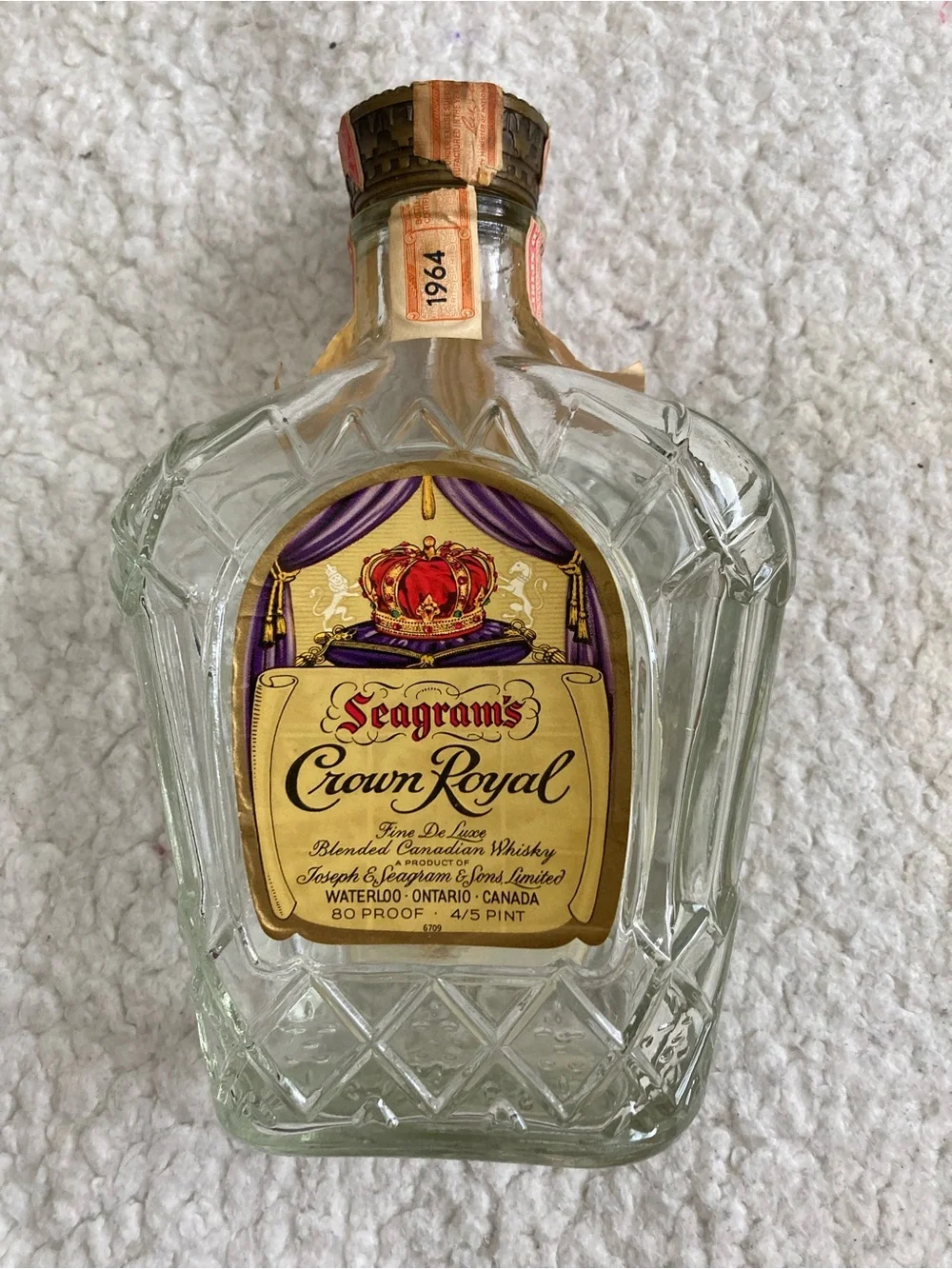 Seagram's Crown Royal Empty Glass Decanter Bottle - Gold & Purple Label